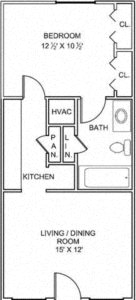 Floor plan for 1 bed, 1 bath, 600 sqft